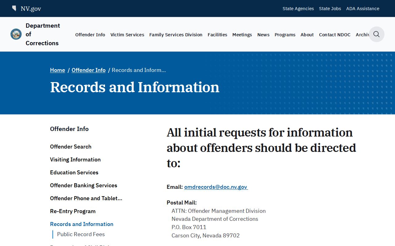 Nevada Department of Corrections Offender Records and Information page