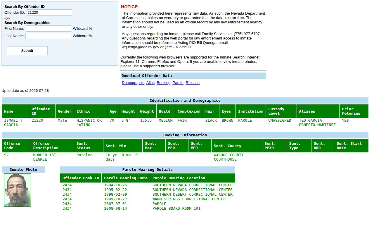 NDOC released or discharged offender detail with a Nevada correctional photo and release fields