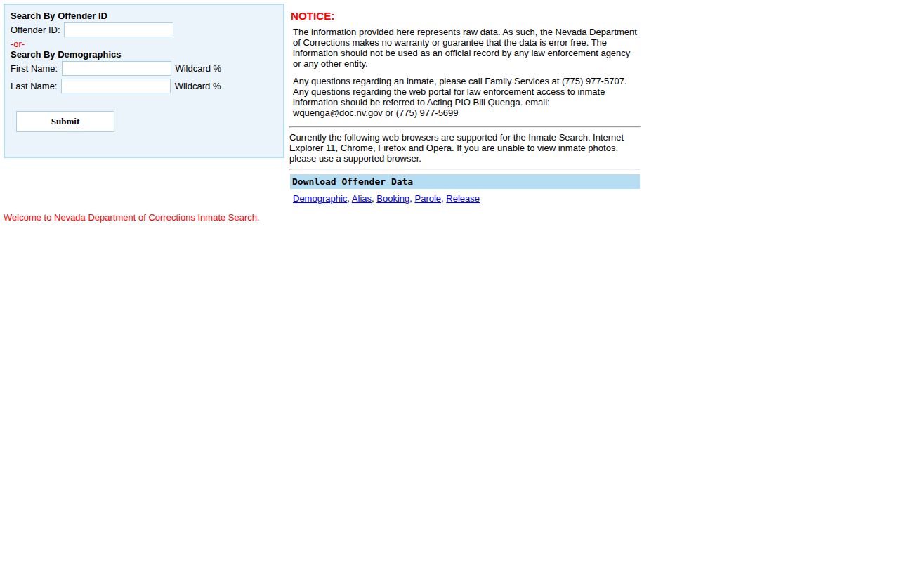 Nevada Department of Corrections offender search form with name and offender ID fields