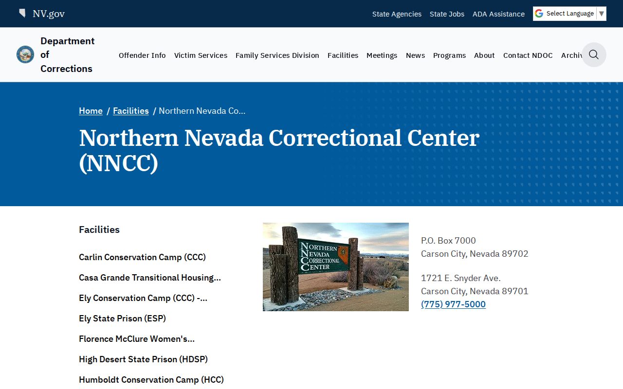 Official Nevada Department of Corrections page for Northern Nevada Correctional Center