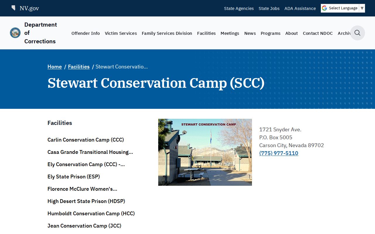 Official Nevada Department of Corrections page for Stewart Conservation Camp
